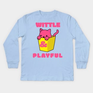 Little Cute Playful Pink Cat Wittle And Playful Playing WAP Kitten in a Yellow Bin Art Kids Long Sleeve T-Shirt